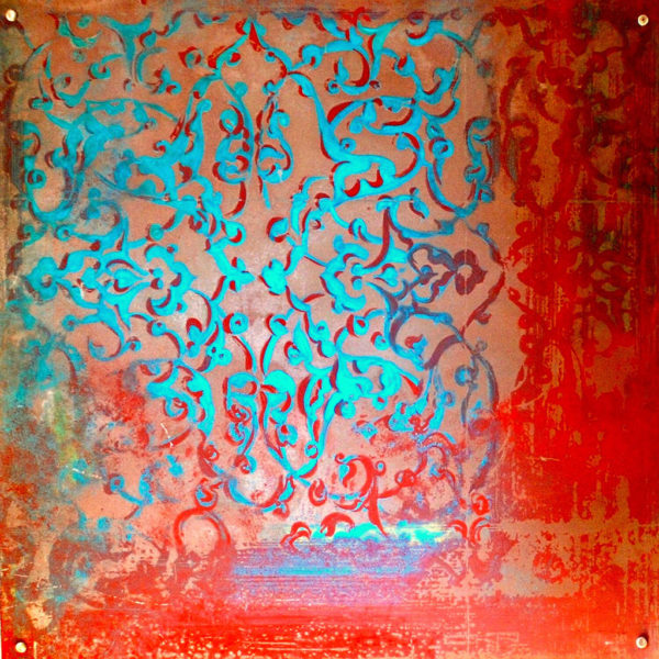 "Composition In Red And Turquoise" Acrylic On Iron - 100x100 2015